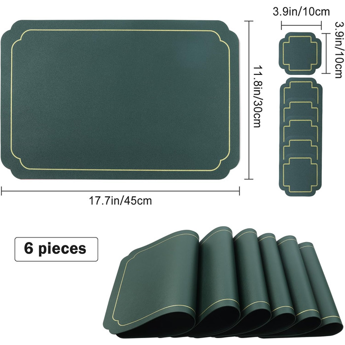 Набори підставки під тарілки Fanquare, 6 шт., зелені, прямокутні, з штучної шкіри, з золотим кантом. Стійкі до тепла, миючіся, неслизькі підставки для обіднього столу, весільної декоратації. Розмір: 45 * 30 см