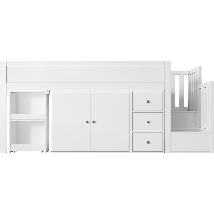 Ліжко дитяче 90x200, дерев'яне з шухлядами, полицями та бічною панелью, захистом від падіння, ламелями та місцем для зберігання, підліткове, функціональне, без матраца, біле