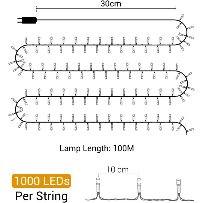 Теплий Білий, IP44, 8 режимів, Внутрішнє/Зовнішнє, Різдвяні прикраси, 100m 1000 LED, електромережа