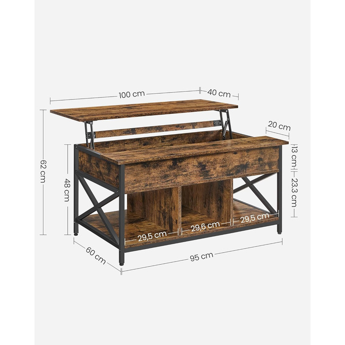Журнальний столик VASAGLE, регульований по висоті стіл для вітальні, журнальний столик, відкрите і приховане місце для зберігання, X-подібні стійки, 60 x 100 x (48-62) см, вінтажний коричнево-чорний LCT205B01 60 x 100 x (48-62) см вінтажний коричневий чор