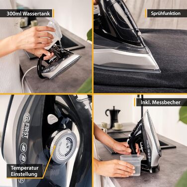 Пароочисник TZS First Austria I 2290-2720W | Керамічна підошва, Самоочищення, Вертикальний пар, Anti-Kalk, Сухе прасування, 0.3л резервуар, 1.2 кг | Чорний/Білий