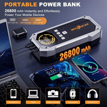Powerbank Starthilfe 6000A з компресором та LED-ліхтарем: багатофункціональний пусковий пристрій для автомобіля (чорний)