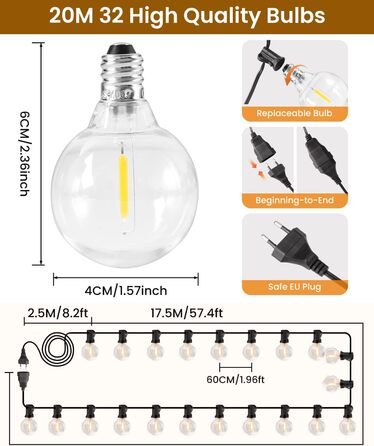 LED гірлянда для вулиці, 20 метрів, G40, 30+2 лампочки, пластик, IP44, вологостійка, для саду, вечірки, тепле світло, 20м, EU