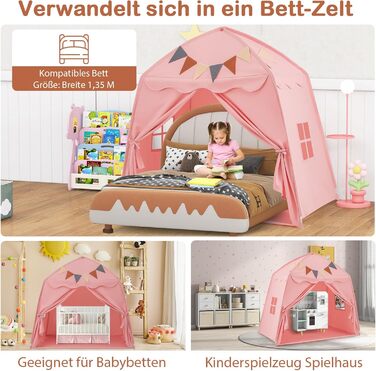 Дитяче намет-ліжко Dreamade 2-в-1 з гірляндою та прапорами, рожевий. Ігровий намет для дітей від 3 років, ігровий будиночок для дитячої кімнати