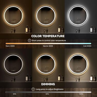 Дзеркало для ванної кімнати Dripex круглої форми з підсвічуванням LED, сенсорне керування, регулювання яскравості, 3 кольори світла, запобігання запотіванню, 50x50 см