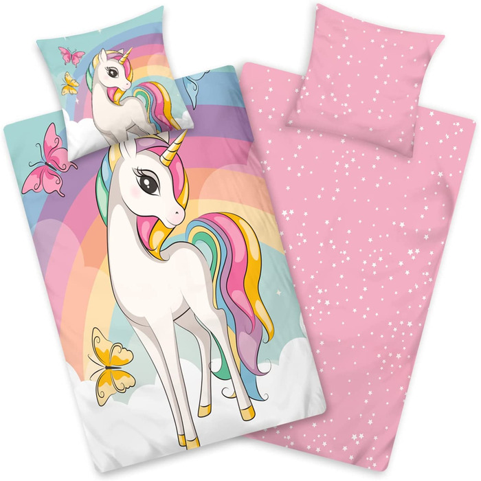 Дитяча постільна білизна Aminata 135 x 200 в стилі єдинорога для дівчаток з бавовни із застібкою-блискавкою, дитячий комплект постільної білизни Unicorn Rainbow Pink
