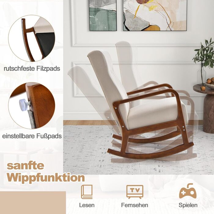 Крісло-гойдалка COSTWAY з пуфом, до 150 кг, бежеве - розслабляюче крісло для вітальні та спальні з дерев'яним каркасом