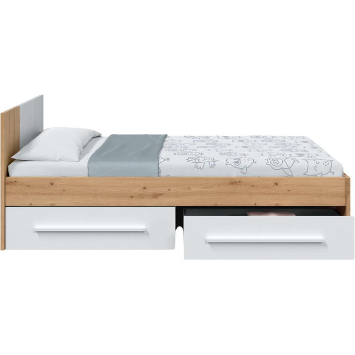 Ліжко дитяче Habitdesign Noa з 2 шухлядами, білий та дуб Nodi, 97x77x196 см (без ламелей)