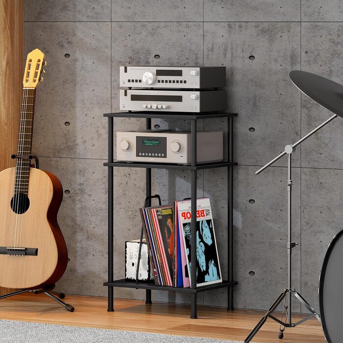 HOOBRO Підставка для програвача, 3-рівнева, приставний столик, органайзер для платівок, CD та альбомів, вінтажний коричневий та чорний (Чорний)