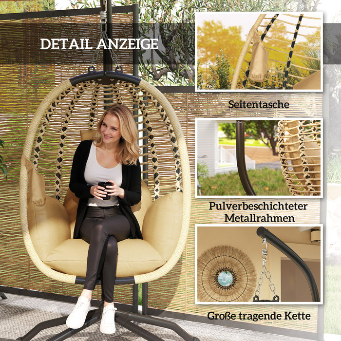 Зручне крісло-гойдалка з металевим каркасом, складане, овальне, знімний та пральний сидіння, підсклянник, страхувальний трос, бежеве