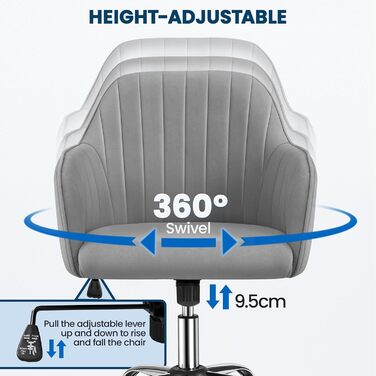 Крісло Yaheetech для дому та офісу: обертове, регульоване по висоті, з м'якою оксамитовою оббивкою, до 136 кг, сірий колір