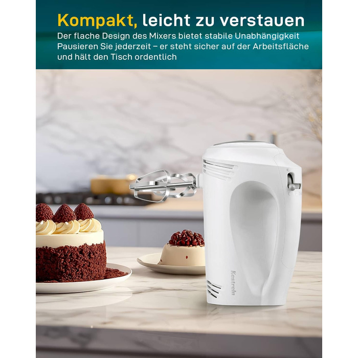 Електричний ручний міксер Kestreln з плоским дном для випічки, потужний міксер для тортів та густого тіста, з гаком для вимішування (S1 білий)
