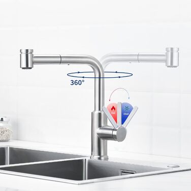 Змішувач кухонний висувний, змішувач для кухні високого тиску CECIPA з висувним душем, змішувач для кухні з 2 типами струменя води, змішувач для раковини на 360, кухонний змішувач (срібло)