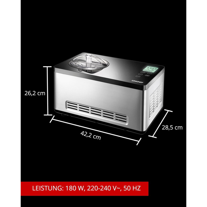 Морожениця UNOLD 48845 Gusto, 180 Вт, 2 л, нержавіюча сталь, РК-дисплей, таймер, самоохолоджуючий компресор