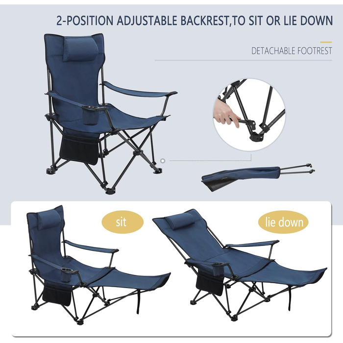 Набір з 2 кемпінгових крісел складний, розкладний стілець Шезлонг для вулиці, рибальське крісло Сонцезахисне крісло ультра легке з підлокітниками та підстаканником синій CPS8148bl-2