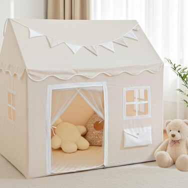 Дитячий будиночок LIONHERZ® DAS ORIGINAL з поштовою скринькою | Ігровий намет з килимком та гірляндою | Будиночок для дітей з 3 вікнами та щільним завісою | Намет для дитячої кімнати (кремово-білий)