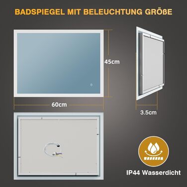 LED дзеркало для ванної кімнати 80x60 см з підсвічуванням, 3 кольори світла, регулювання яскравості, антизапарник, сенсорне керування, пам'ять, IP44, вологостійке, 6500K