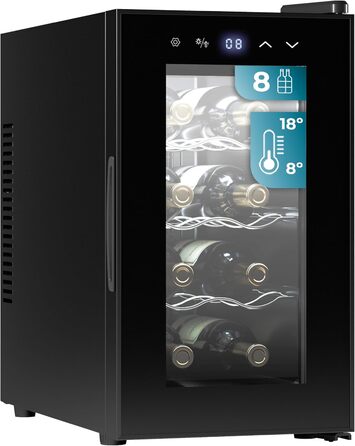 Витримання вина Cecotec Bolero Grandsommelier 830 Coolcrystal: 8 пляшок, термоелектрична охолодження, регулювання температури 8-18°C, сенсорне керування, LED-підсвітка, без шкідливого газу, чорний колір