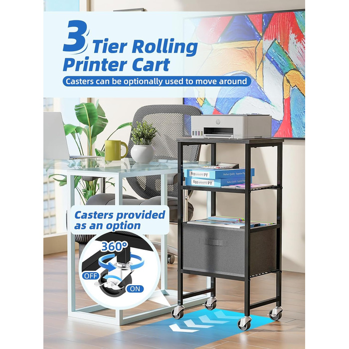 Підставка для принтера MWQ з ящиком для документів, 3-ярусна, чорна. Підійде для дому та офісу