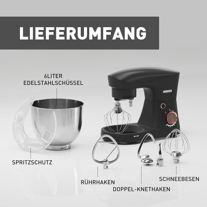 Кухонна машина Heinrichs 1500W з місткою чашею 6L з нержавіючої сталі, 10 швидкостей, титан, міксер, тістоміс, планетарний міксер