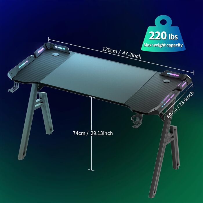 Ігровий стіл 120x60 см з підсвіткою LED, A-frame, з тримачем для напоїв та гачком для навушників, карбонове покриття, ергономічний для дому та офісу