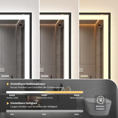 Дзеркало для ванної кімнати YOURLITE з підсвіткою, 85x55 см, LED, сенсорне керування, 3 кольори світла, регулювання яскравості, протизапобігання запотіванню, вертикальна/горизонтальна орієнтація, IP44, білий (чорний-5070)