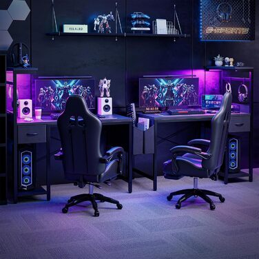 Ігровий стіл Grandder 120 см з розеткою та LED-підсвічуванням, комп'ютерний стіл з регульованими полицями та шухлядою, білий (100 x 50 см, карбоновий дизайн)