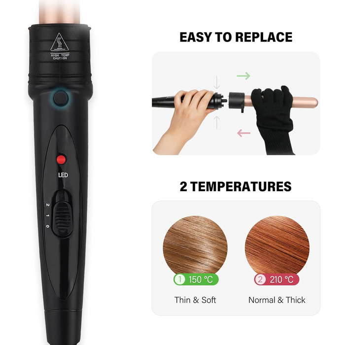 Набір для завивки волосся Janelove 5 в 1: керамічний локон, 10-32 мм, різні насадки, регулювання температури, рукавиці, сумка (рожеве золото)