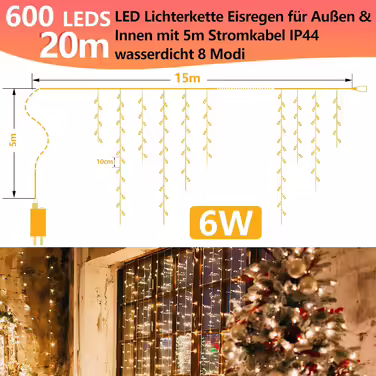 Морозний дощ 600LED 15м, 8 режимів, IP44, холодний білий, Внутрішнє/зовнішнє, Різдво, Вечірка