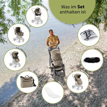 Дитяча коляска Bergsteiger Lugo 3в1 | Комплект 3в1 з аксесуарами - автокрісло, блок для прогулянок, сонцезахисний козирок та вітрозахисний чохол | Доступна Isofix база (колір: коричневий, рама: чорна)