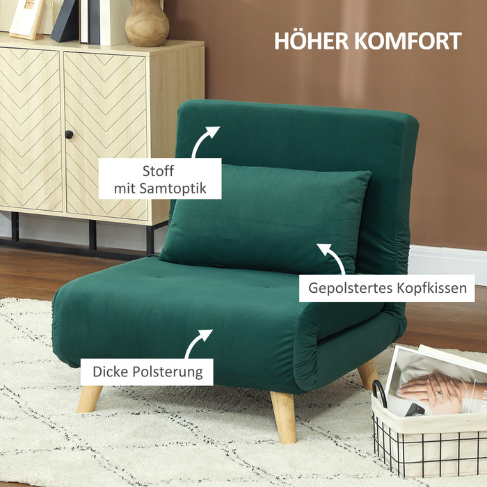 Крісло HOMCOM Ліжко, Розкладне крісло з функцією ліжка, Декоративні подушки, Розкладне крісло з регульованою спинкою в ефекті бархати, для вітальні, Темно-зелене | Аосом