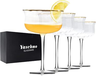 Набір келихів Yaschmo Coupe Art Deco (4 шт.) з кришталю, без свинцю, з золотим обідком. Ідеально для коктейлів, шампанського, барів, вечірок та подарунків.