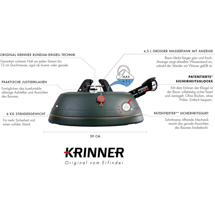 Підставка для різдвяної ялинки Krinner Ultra Grip XL підставка для різдвяної ялинки в комплекті. Одностороння ножна педаль з запобіжним розтрубом і 4,5 літра