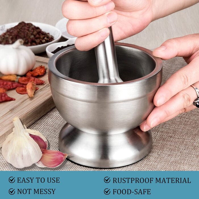 Набір ступки та пестика KEISSCO з нержавіючої сталі, важкий, для спецій, трав, пасти, з силіконовим кришкою