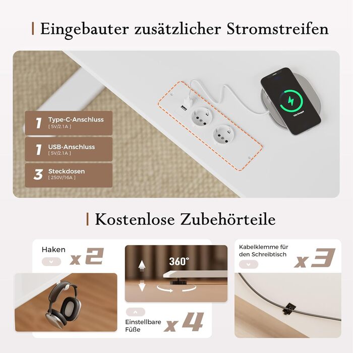 Регульований по висоті письмовий стіл Klicelor 140x60 см з LED-підсвіткою, розетками та підставкою для монітора, білий — ігровий та офісний стіл для роботи стоячи