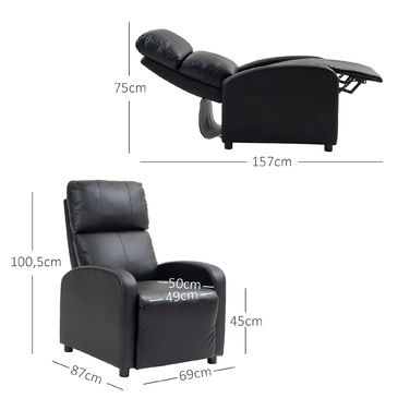 Крісло під телевізор HOMCOM Recliner з функцією відкидання, імітація шкіри чорного кольору, зручне крісло для вітальні та відпочинку