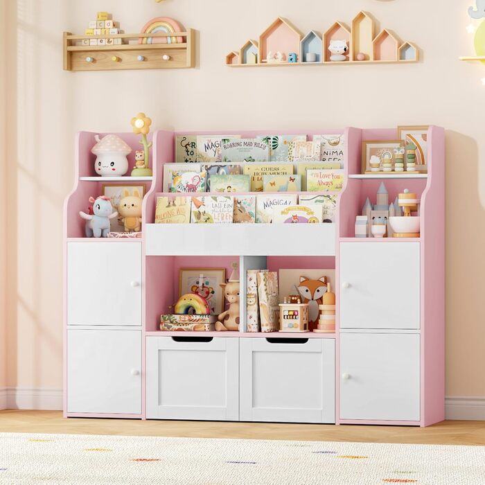 FOREHILL Дитяча полиця-стелаж для іграшок та книг у кімнату з дерева, рожева, 122 x 30 x 100 см