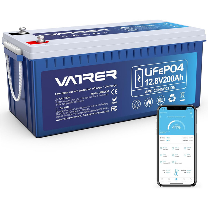 Літієва батарея VATRER POWER 12V 100AH LiFePO4 з Bluetooth, 100A BMS, 5000 циклів, 1280 Вт, захист від низької температури