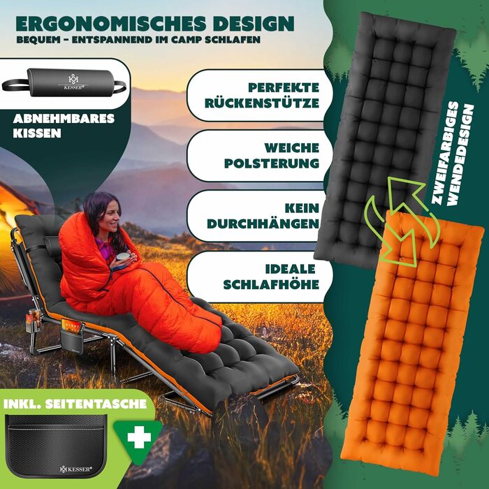 Розкладне кемпінгове ліжко KESSER з преміум-матрацом та подушкою, 190x68x30 см, до 250 кг, з кишенею та підстаканником, чорно-помаранчеве