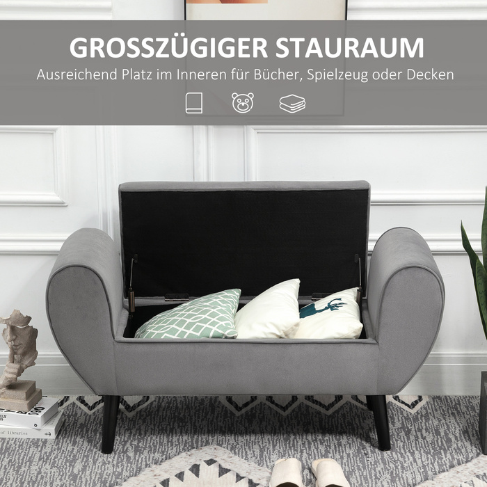 Лавка HOMCOM Grey Modern Chest Bench з місцем для зберігання з оксамитового поліестеру та гумового дерева з підлокітниками 118x42x66см для передпокою та вітальні