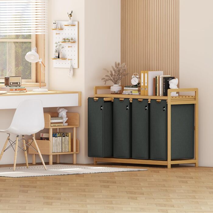 Кошик для білизни AdelDream Premium 200L з 4 відділеннями, висувний та знімний мішок для білизни з бамбуковим каркасом, сірий – кошик для білизни та органайзер для ванної кімнати та спальні