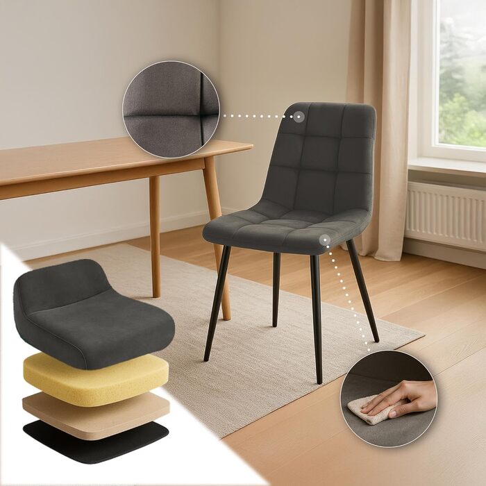 CLP Комплект обідніх стільців 4 шт. з велюру Asti, зручні кухонні стільці з м'яким сидінням, стільці для обідньої кімнати з підлокітниками, витримують до 150 кг, колір: антрацит