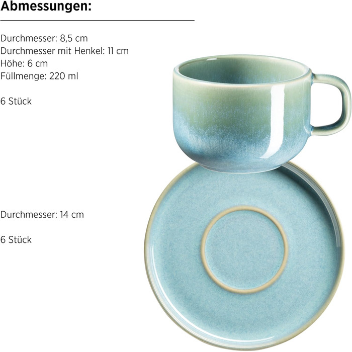 Набір кавових чашок MÄSER Cordelia (12 шт.) з високоякісного фарфору, 6 чашок та 6 блюдець, зелений колір