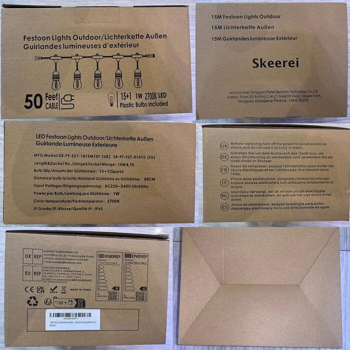 LED гірлянда 15 метрів для саду та тераси, водонепроникна IP65, 15+1 лампочки E27, тепле світло 2700K, для вечірок та свят [Енергоклас G]