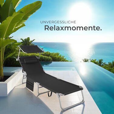 Лежак для відпочинку Tectake®: розкладний, портативний, з кишенею, для саду, пляжу, кемпінгу, з регульованою спинкою та подушкою (чорний)