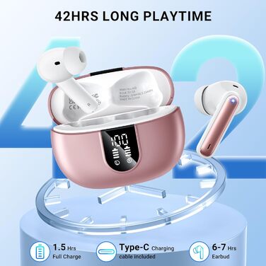 Бездротові навушники AOVOCE Bluetooth 5.3 з 4 мікрофонами ENC, LED, HiFi, 42h, IP7, Pink