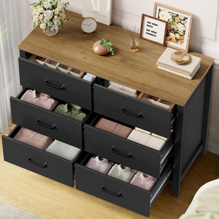 Комод HOCSOK з 6 висувними ящиками, чорний комод з дерев'яною полицею, шафа для зберігання в вітальню, спальню, кімнату для підлітків та коридор, 100x40x81 см