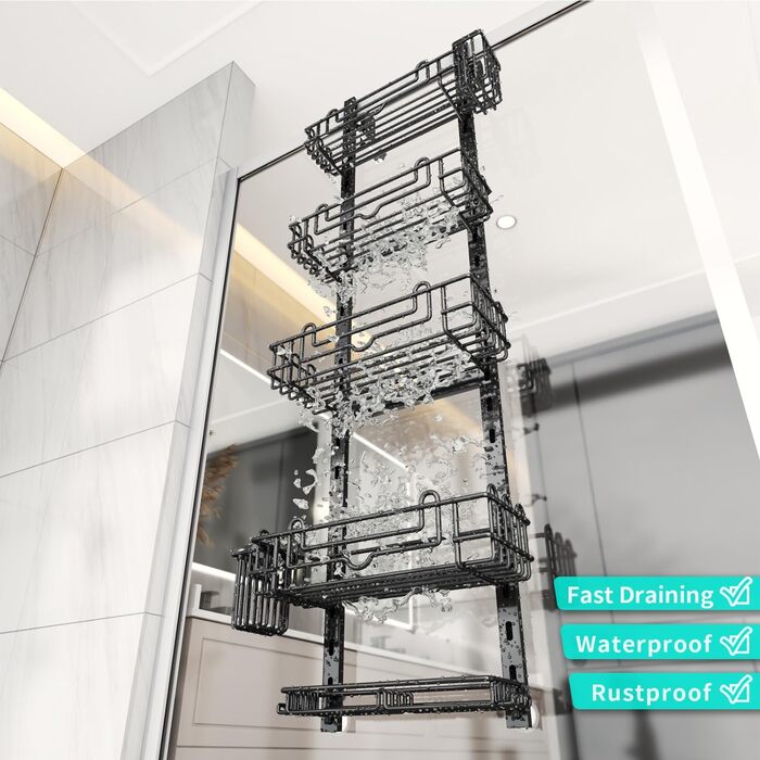 Підвісна полиця для душу HapiRm, регульована, 5 кошики, без свердління, з мильницею і гачками, для скляних та ванних дверей, чорна