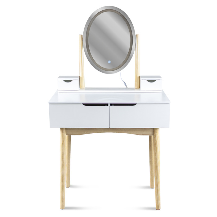 Косметичний столик з LED-дзеркалом, пуфом та 4 шухлядами, скандинавський стиль, білий
