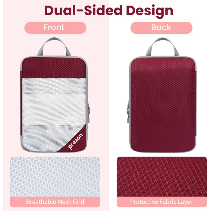 Набір компресійних органайзерів для одягу в подорож, 6 шт, прозорі пакувальні куби для валізи, легкі та міцні з катіонової тканини, бордовий колір